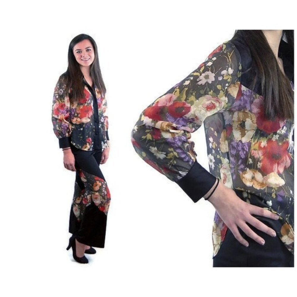 1970s bell bottom pants outfit with sheer flowered blouse Size M
